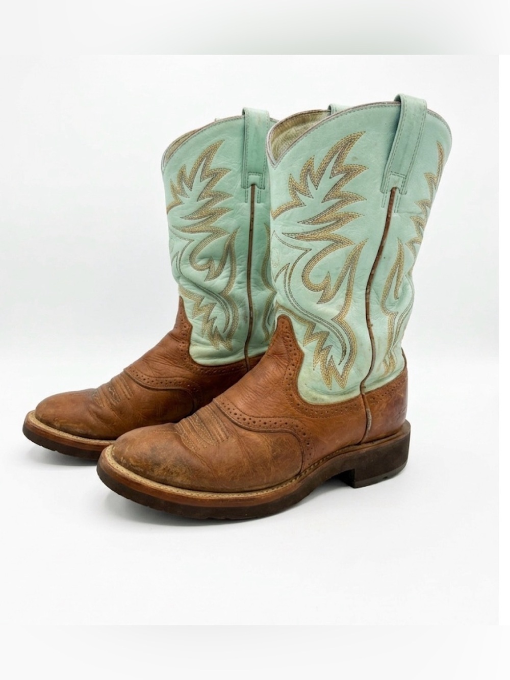 Ariat Leather Cowboy Boots Seafoam Green Western Stitching Brogue Detail 7